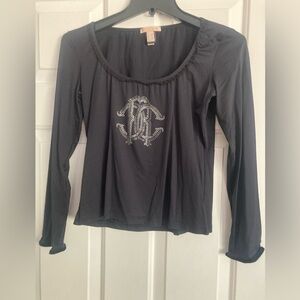 Roberto Cavalli Black Long-Sleeve Scoop Neck Top with Crystal Logo size US L